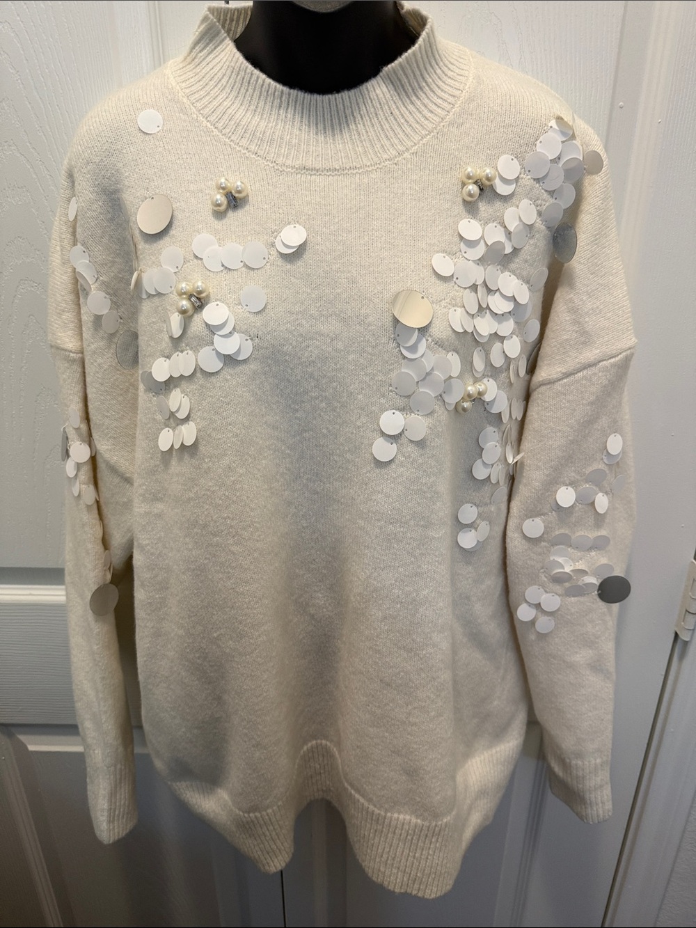 Cato Ivory Sequin & Pearl Crewneck Sweater